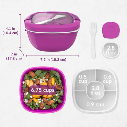 Salad Container, Lunch Bowl with 4-Compartment Toppings Tray, 54 oz | Leak-Proof Dressing Container, Reusable Fork, BPA-Free, Microwave & Dishwasher Safe (Khaki Green)