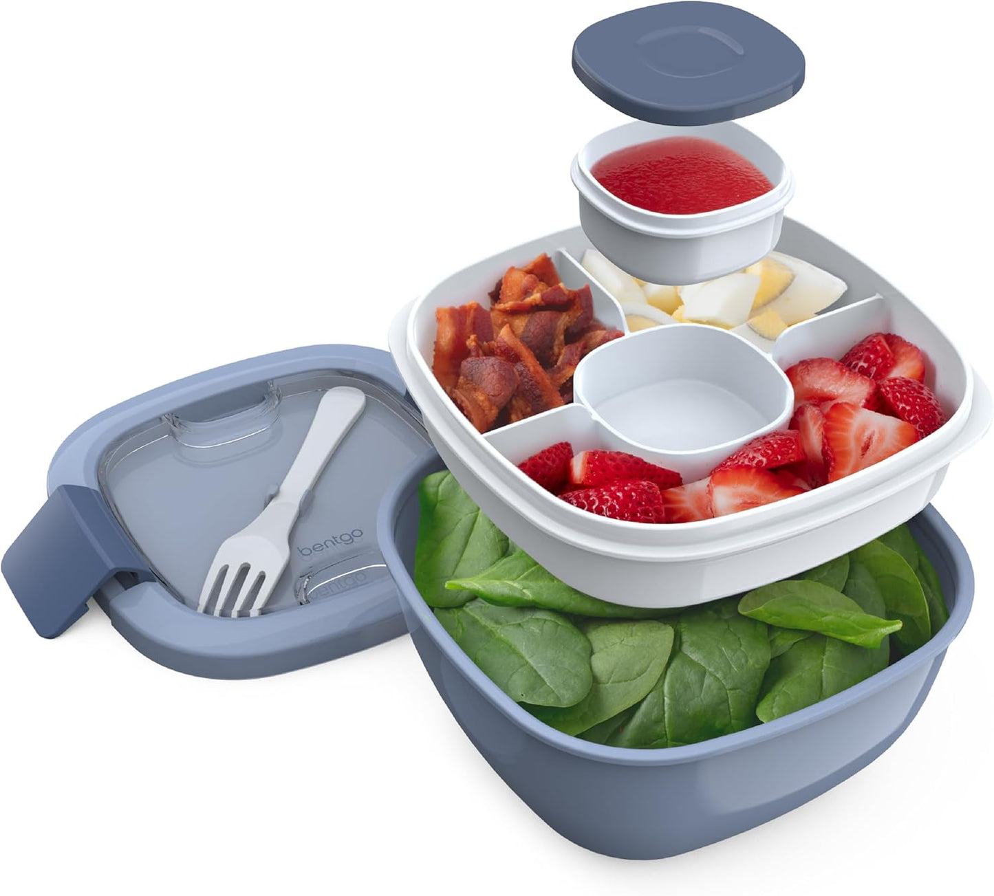 Salad Container, Lunch Bowl with 4-Compartment Toppings Tray, 54 oz | Leak-Proof Dressing Container, Reusable Fork, BPA-Free, Microwave & Dishwasher Safe (Khaki Green)