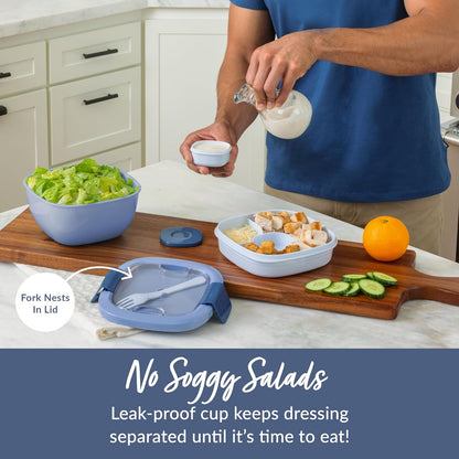 Salad Container, Lunch Bowl with 4-Compartment Toppings Tray, 54 oz | Leak-Proof Dressing Container, Reusable Fork, BPA-Free, Microwave & Dishwasher Safe (Khaki Green)