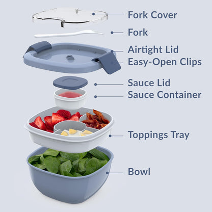 Salad Container, Lunch Bowl with 4-Compartment Toppings Tray, 54 oz | Leak-Proof Dressing Container, Reusable Fork, BPA-Free, Microwave & Dishwasher Safe (Khaki Green)