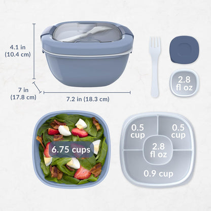 Salad Container, Lunch Bowl with 4-Compartment Toppings Tray, 54 oz | Leak-Proof Dressing Container, Reusable Fork, BPA-Free, Microwave & Dishwasher Safe (Khaki Green)