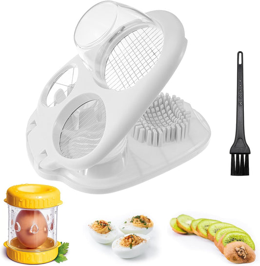 3 In 1 Egg Slicer for Hard Boiled Egg with Boiled Egg Peeler&Cleaning Brush | Heavy Duty Egg Cutter with 3 Slice Modes for Strawberry, Tomato, Mushroom, Multifunctional Kitchen Tools, Easy to Use