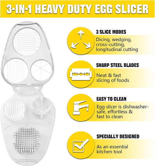 3 In 1 Egg Slicer for Hard Boiled Egg with Boiled Egg Peeler&Cleaning Brush | Heavy Duty Egg Cutter with 3 Slice Modes for Strawberry, Tomato, Mushroom, Multifunctional Kitchen Tools, Easy to Use
