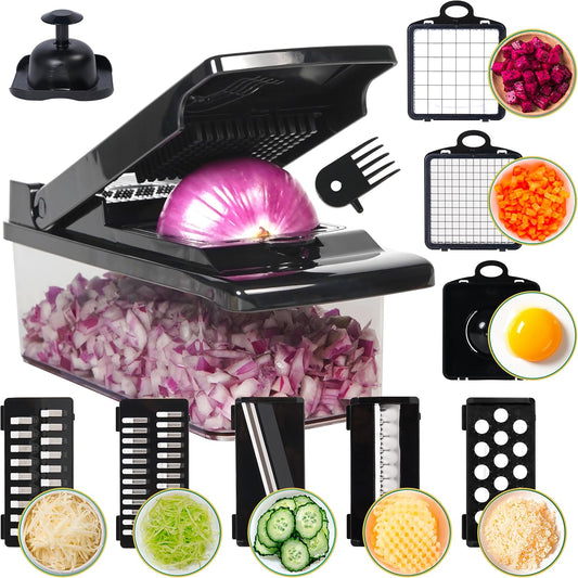 Multifunctional Vegetable Chopper with Container, Vegetable Cutter with Interchangeable Blades, Onion Slicer, Garlic Grinder, Dicer for Potato, Carrot Chopper