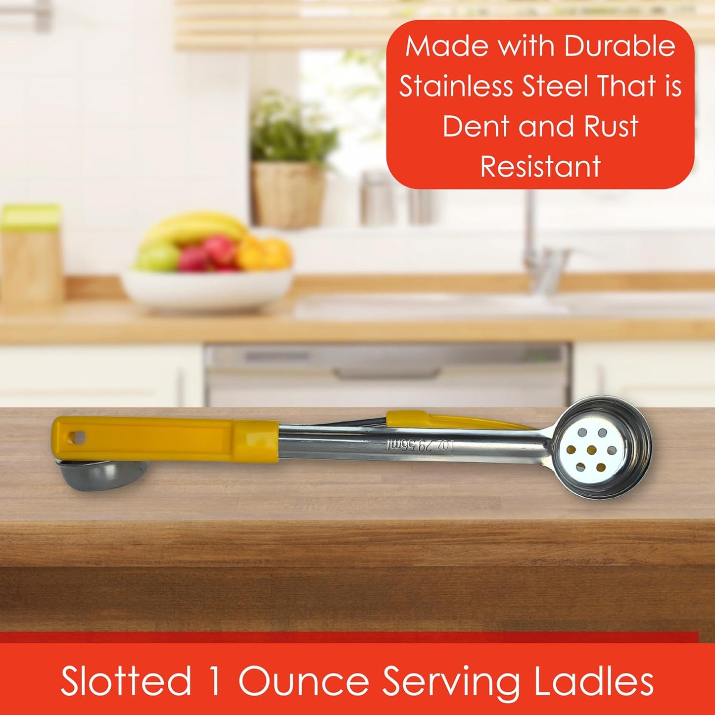 4 oz Slotted Stainless Steel Portion Control Ladle Spoon | Commercial-Grade Spoodle for Portioning & Draining - Pasta, Veggies & Buffet Service. Color-Coded by Size. Dishwasher Safe.