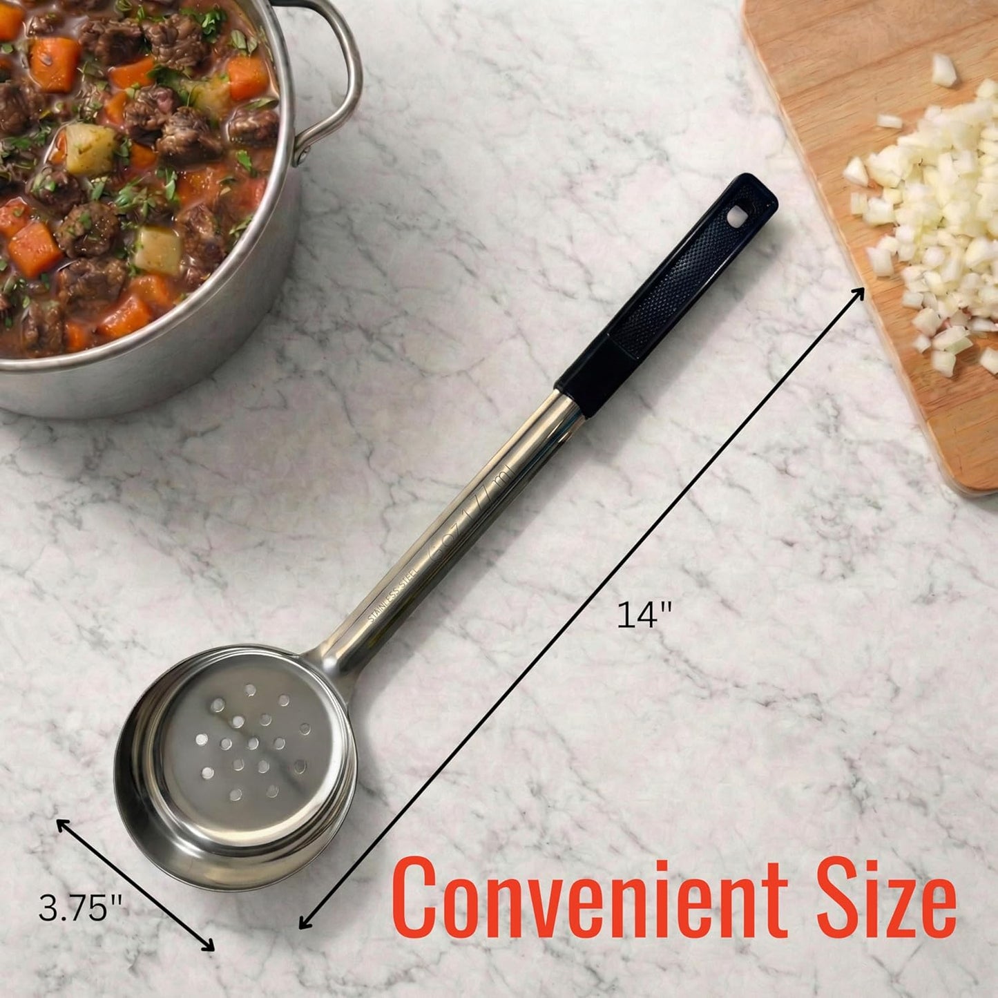 4 oz Slotted Stainless Steel Portion Control Ladle Spoon | Commercial-Grade Spoodle for Portioning & Draining - Pasta, Veggies & Buffet Service. Color-Coded by Size. Dishwasher Safe.