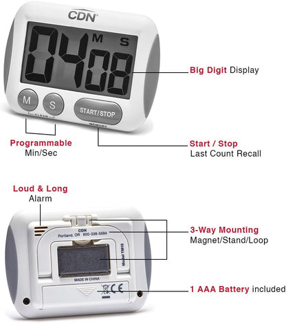 CDN Extra-Big Digit Timer | Counts Up & Down, 100 Minutes by Minutes & Seconds, Extra-Large Digits, Loud Alarm, Stand, Hang, Magnet Mounting, Perfect for Batch Baking - TM15