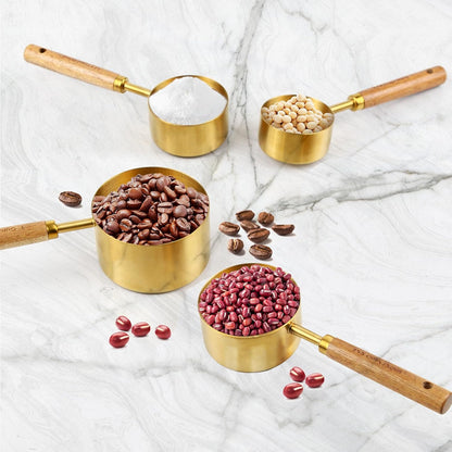 4 Piece Gold Measuring Cups Set，Wooden Handle