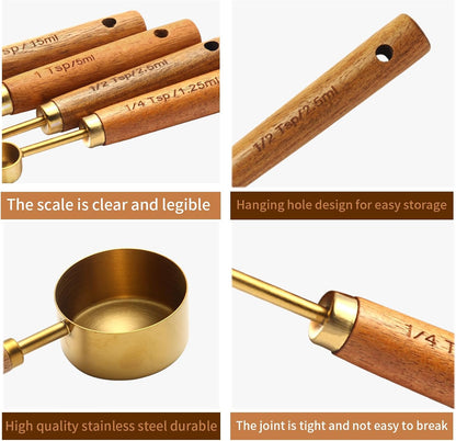4 Piece Gold Measuring Cups Set，Wooden Handle