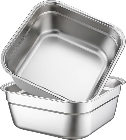 Stainless Steel Washing Up Bowls, 2PCS Square Dish Tub - Fruit Vegetable Washing Basin for Sink, Large Kitchen Containers & Sturdy Dishpans for Home Use, 12"