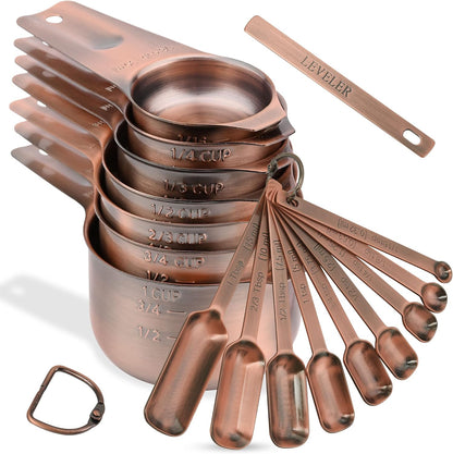 Measuring Cups and Spoons Set, 18/8 Stainless Steel Measuring Cups and Spoons Set, Metric & US Measuring Tools Set, Heavy Duty 7 Cups and 9 Spoons 1 Leveler for Baking and Kitchen