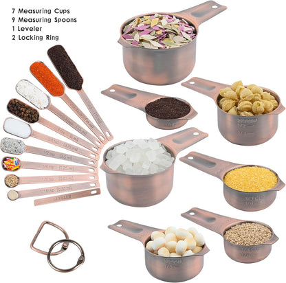 Measuring Cups and Spoons Set, 18/8 Stainless Steel Measuring Cups and Spoons Set, Metric & US Measuring Tools Set, Heavy Duty 7 Cups and 9 Spoons 1 Leveler for Baking and Kitchen