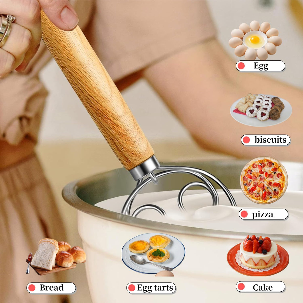 Danish Dough Whisk Stainless Steel Dough Hook Dutch Whisk for Sourdough Bread Dough Mixer Hand Wooden Handle Kitchen Whisking Mixing Tool Bread Making Tools and Supplies pizza dough