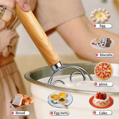 Danish Dough Whisk Stainless Steel Dough Hook Dutch Whisk for Sourdough Bread Dough Mixer Hand Wooden Handle Kitchen Whisking Mixing Tool Bread Making Tools and Supplies pizza dough