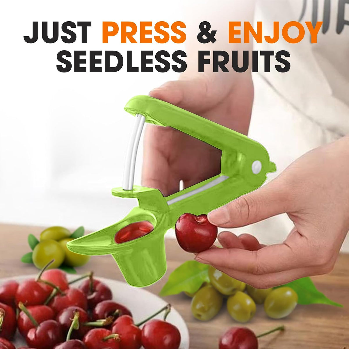 Stainless Steel Cherry and Olive Pitter – Small Cherry Pitter Tool for Easy Seed Removal, Pit Remover & Olive Press, Ergonomic One-Hand Design for Quick and Mess-Free Pitting,Green