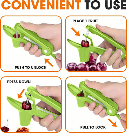 Stainless Steel Cherry and Olive Pitter – Small Cherry Pitter Tool for Easy Seed Removal, Pit Remover & Olive Press, Ergonomic One-Hand Design for Quick and Mess-Free Pitting,Green