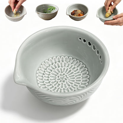 Grater Plate, 3 in 1 Handmade Tool Ceramic Bowl with Herb Stripper (Gray)