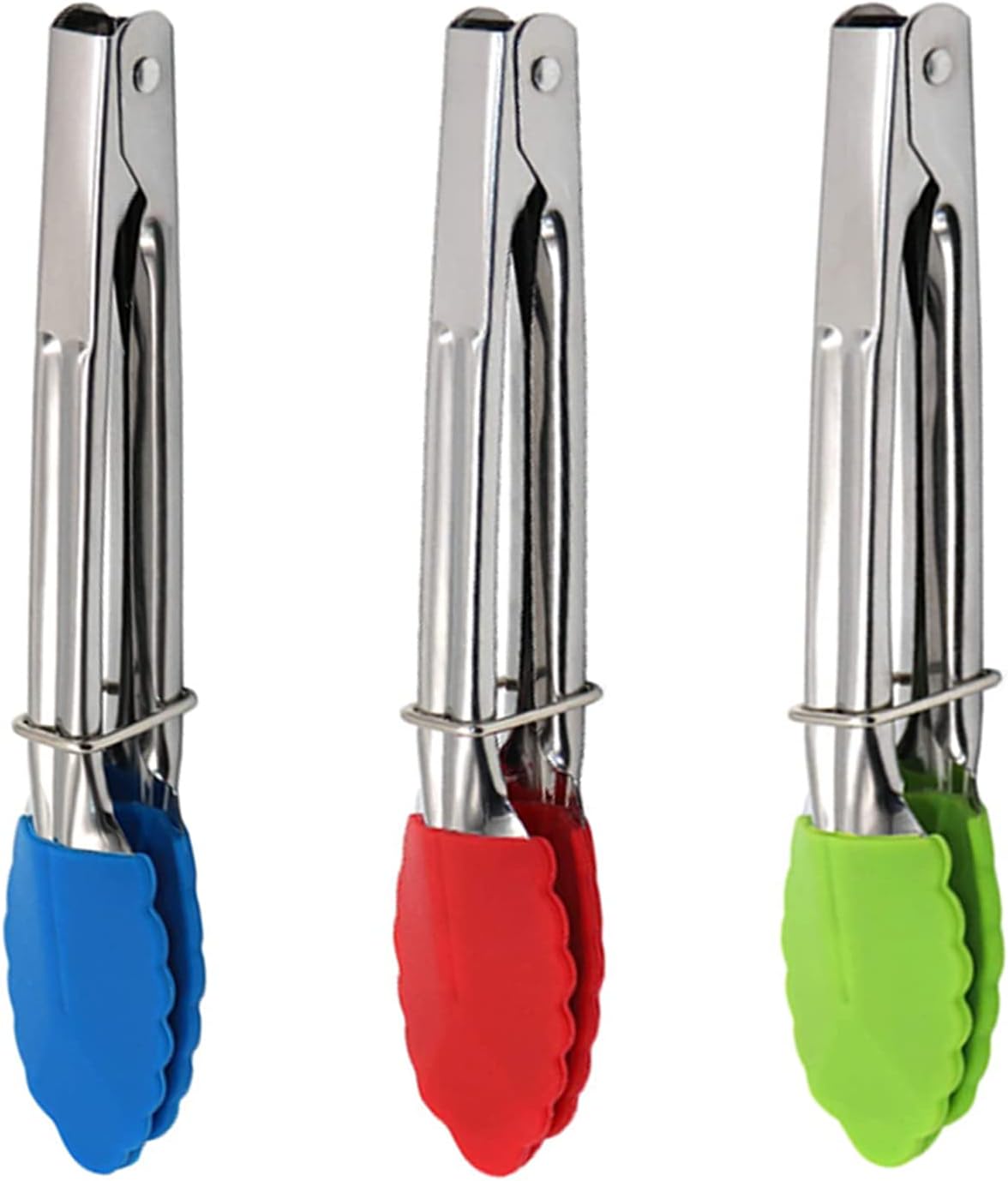Mini Kitchen Tongs with Silicone Tips, 3-Piece Set, 7-Inch Non-Stick Small Tongs with Stainless Steel Silicon Handles, Heat Resistant for Cooking and Serving (Multi-Color)