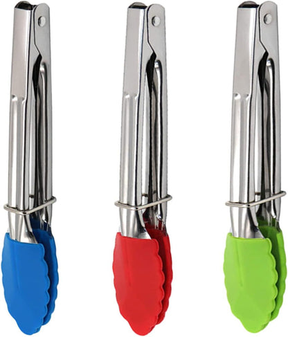 Mini Kitchen Tongs with Silicone Tips, 3-Piece Set, 7-Inch Non-Stick Small Tongs with Stainless Steel Silicon Handles, Heat Resistant for Cooking and Serving (Multi-Color)