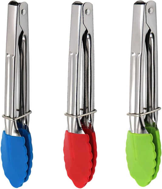 Mini Kitchen Tongs with Silicone Tips, 3-Piece Set, 7-Inch Non-Stick Small Tongs with Stainless Steel Silicon Handles, Heat Resistant for Cooking and Serving (Multi-Color)