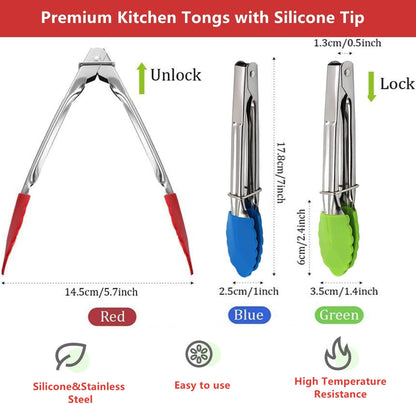 Mini Kitchen Tongs with Silicone Tips, 3-Piece Set, 7-Inch Non-Stick Small Tongs with Stainless Steel Silicon Handles, Heat Resistant for Cooking and Serving (Multi-Color)