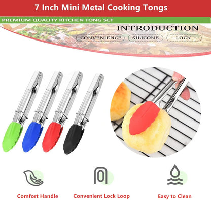 Mini Kitchen Tongs with Silicone Tips, 3-Piece Set, 7-Inch Non-Stick Small Tongs with Stainless Steel Silicon Handles, Heat Resistant for Cooking and Serving (Multi-Color)