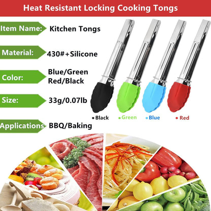 Mini Kitchen Tongs with Silicone Tips, 3-Piece Set, 7-Inch Non-Stick Small Tongs with Stainless Steel Silicon Handles, Heat Resistant for Cooking and Serving (Multi-Color)