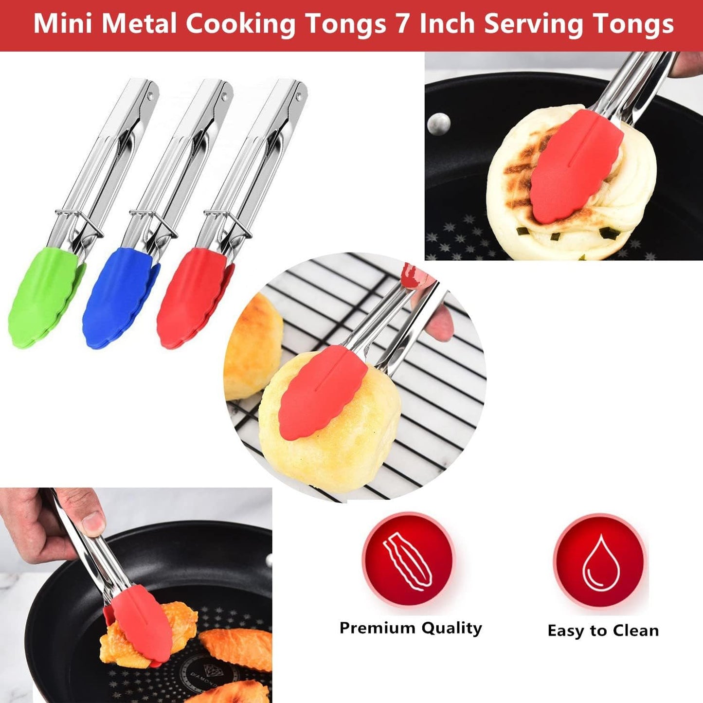 Mini Kitchen Tongs with Silicone Tips, 3-Piece Set, 7-Inch Non-Stick Small Tongs with Stainless Steel Silicon Handles, Heat Resistant for Cooking and Serving (Multi-Color)