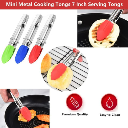 Mini Kitchen Tongs with Silicone Tips, 3-Piece Set, 7-Inch Non-Stick Small Tongs with Stainless Steel Silicon Handles, Heat Resistant for Cooking and Serving (Multi-Color)
