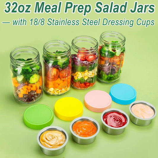 Glass Salad Jars with Lids & Dressing Cups for Prep & Lunch, 32 oz