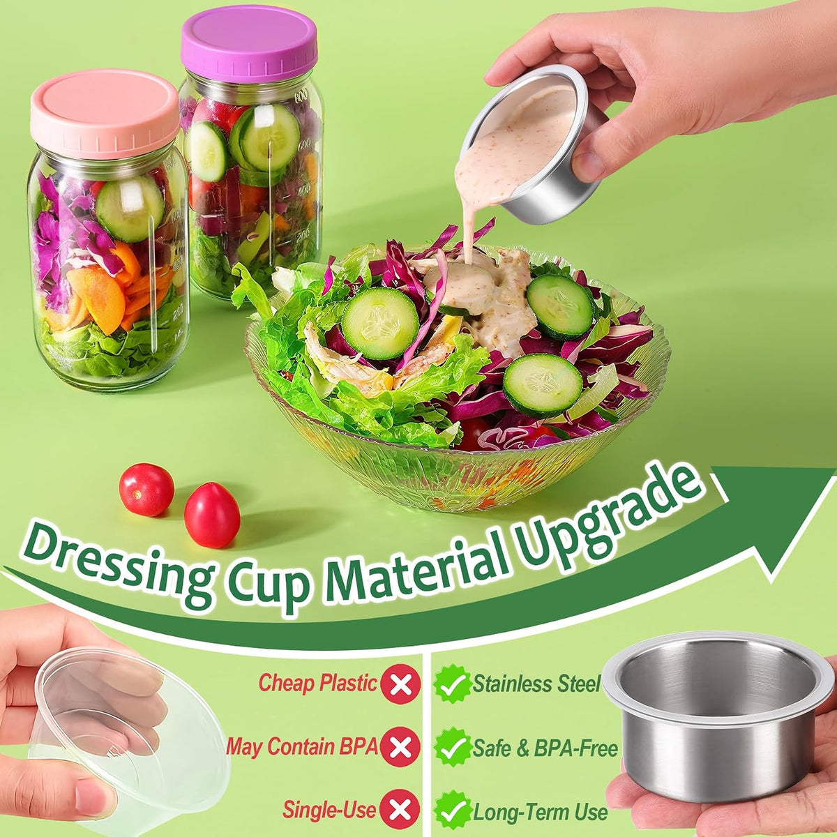 Glass Salad Jars with Lids & Dressing Cups for Prep & Lunch, 32 oz