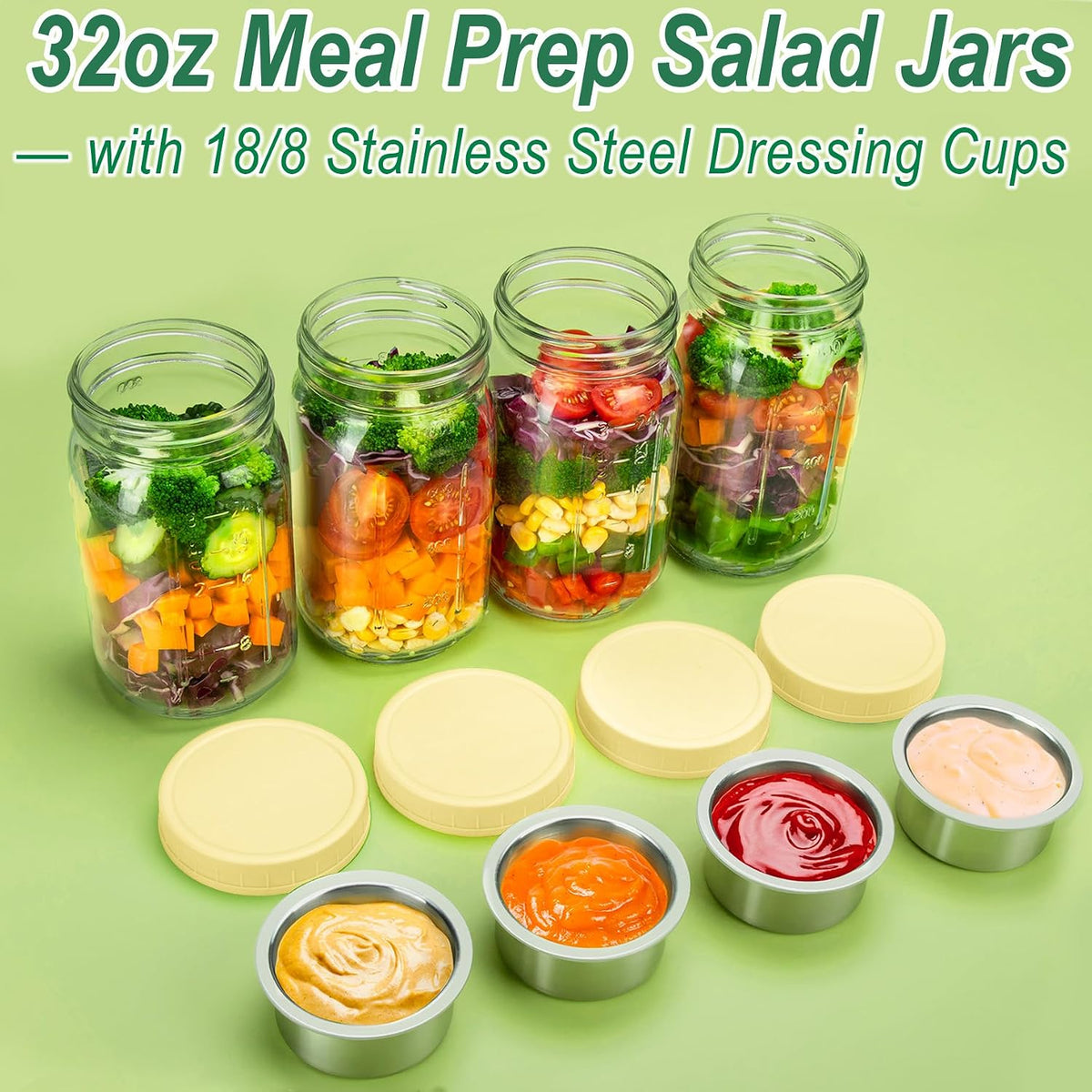 Glass Salad Jars with Lids & Dressing Cups for Prep & Lunch, 32 oz