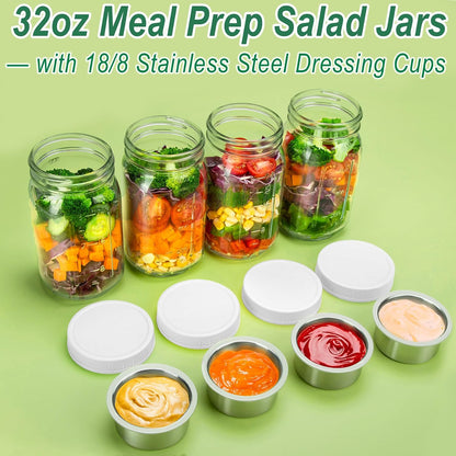 Glass Salad Jars with Lids & Dressing Cups for Prep & Lunch, 32 oz