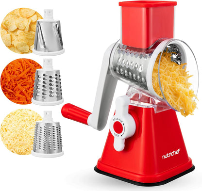 Nutrichef 3 in 1 Cheese Grater & Shredder | Strong Suction Base, Rotary Handle with Safety Lock | Includes Hand Crank & 3 Drum Blades for 3 Textures, Fine, Medium & Strips | Red