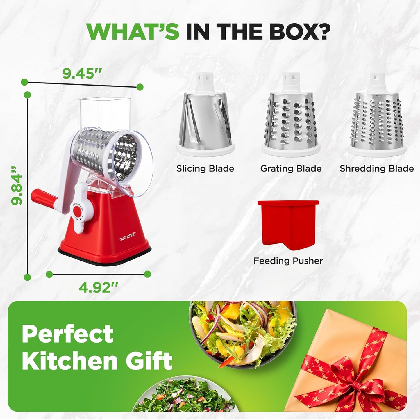 Nutrichef 3 in 1 Cheese Grater & Shredder | Strong Suction Base, Rotary Handle with Safety Lock | Includes Hand Crank & 3 Drum Blades for 3 Textures, Fine, Medium & Strips | Red
