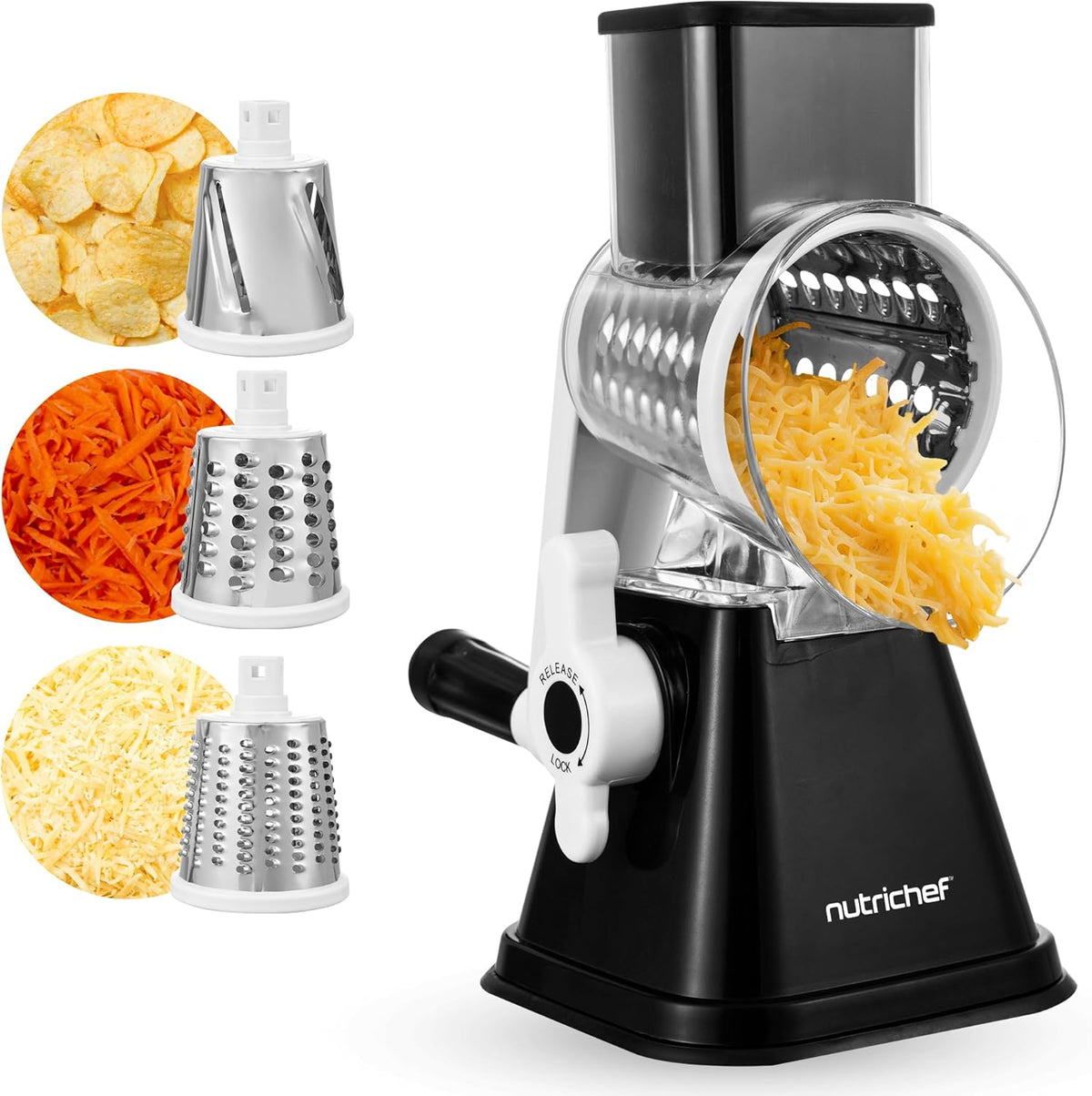 Nutrichef 3 in 1 Cheese Grater & Shredder | Strong Suction Base, Rotary Handle with Safety Lock | Includes Hand Crank & 3 Drum Blades for 3 Textures, Fine, Medium & Strips | Red