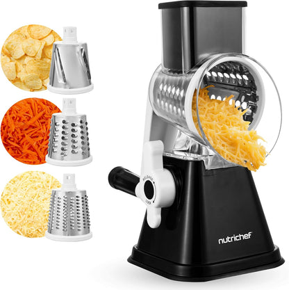 Nutrichef 3 in 1 Cheese Grater & Shredder | Strong Suction Base, Rotary Handle with Safety Lock | Includes Hand Crank & 3 Drum Blades for 3 Textures, Fine, Medium & Strips | Red