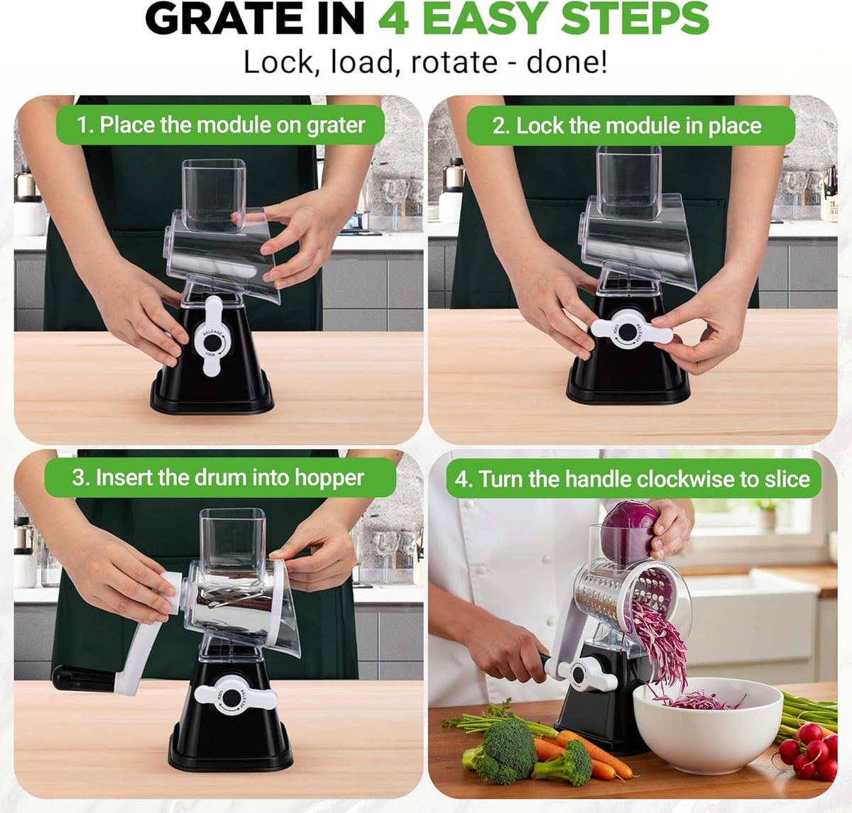 Nutrichef 3 in 1 Cheese Grater & Shredder | Strong Suction Base, Rotary Handle with Safety Lock | Includes Hand Crank & 3 Drum Blades for 3 Textures, Fine, Medium & Strips | Red