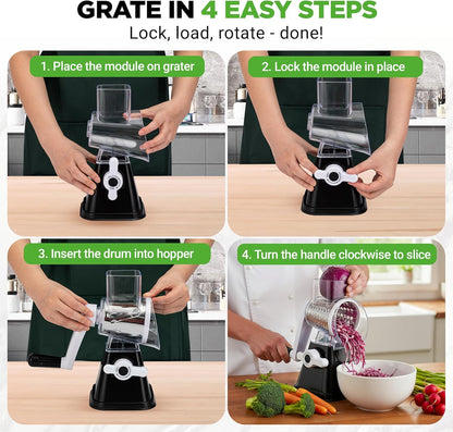 Nutrichef 3 in 1 Cheese Grater & Shredder | Strong Suction Base, Rotary Handle with Safety Lock | Includes Hand Crank & 3 Drum Blades for 3 Textures, Fine, Medium & Strips | Red