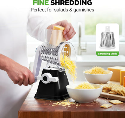 Nutrichef 3 in 1 Cheese Grater & Shredder | Strong Suction Base, Rotary Handle with Safety Lock | Includes Hand Crank & 3 Drum Blades for 3 Textures, Fine, Medium & Strips | Red