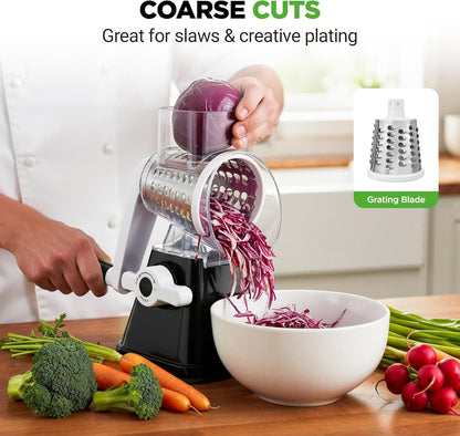 Nutrichef 3 in 1 Cheese Grater & Shredder | Strong Suction Base, Rotary Handle with Safety Lock | Includes Hand Crank & 3 Drum Blades for 3 Textures, Fine, Medium & Strips | Red