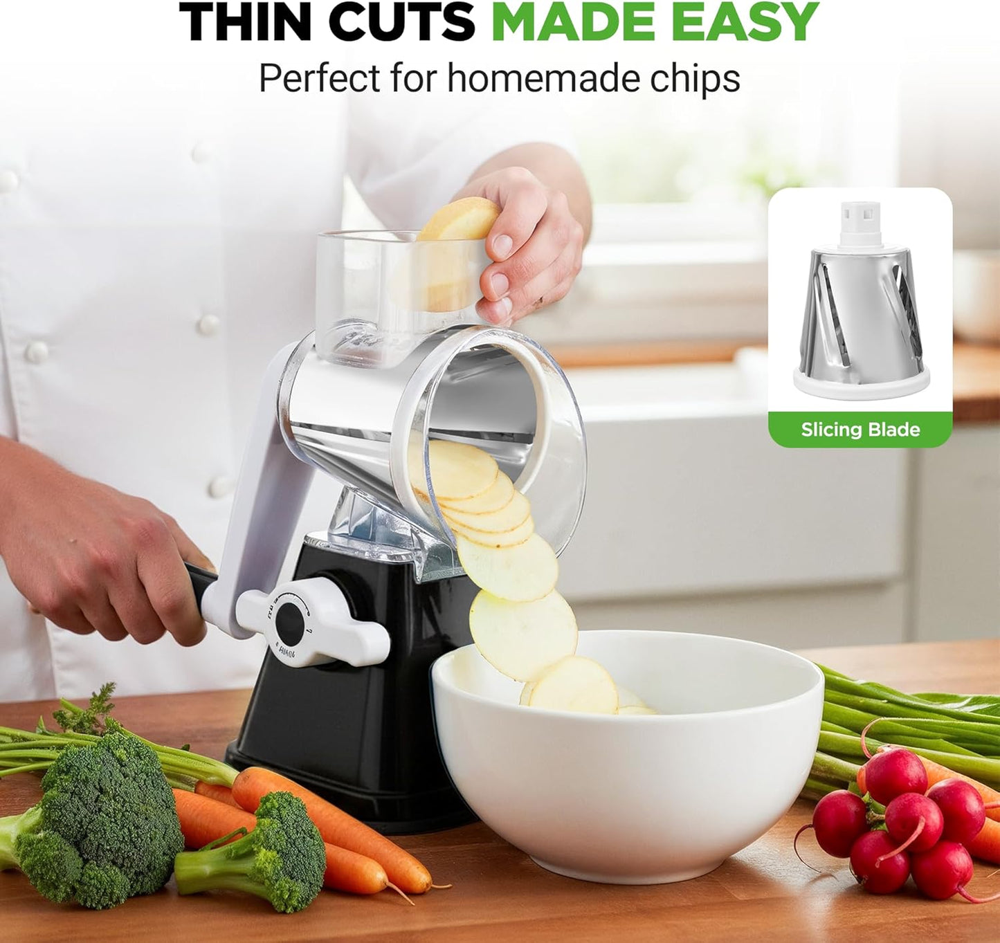 Nutrichef 3 in 1 Cheese Grater & Shredder | Strong Suction Base, Rotary Handle with Safety Lock | Includes Hand Crank & 3 Drum Blades for 3 Textures, Fine, Medium & Strips | Red