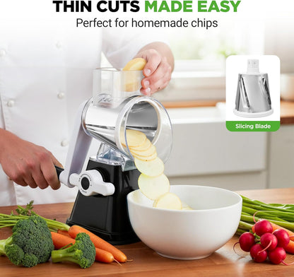 Nutrichef 3 in 1 Cheese Grater & Shredder | Strong Suction Base, Rotary Handle with Safety Lock | Includes Hand Crank & 3 Drum Blades for 3 Textures, Fine, Medium & Strips | Red