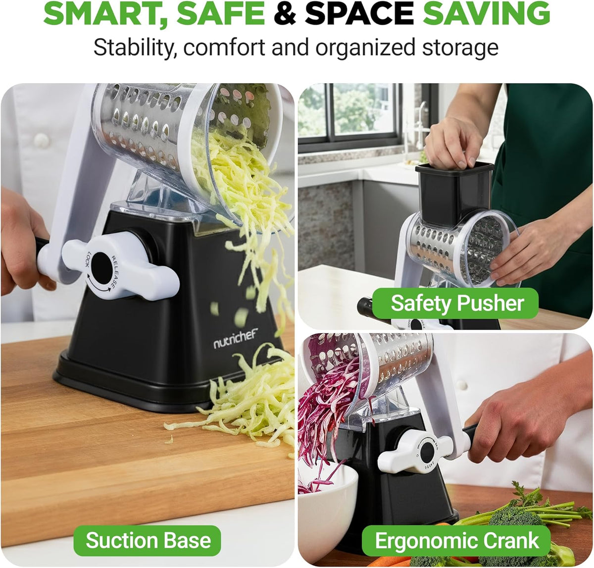 Nutrichef 3 in 1 Cheese Grater & Shredder | Strong Suction Base, Rotary Handle with Safety Lock | Includes Hand Crank & 3 Drum Blades for 3 Textures, Fine, Medium & Strips | Red