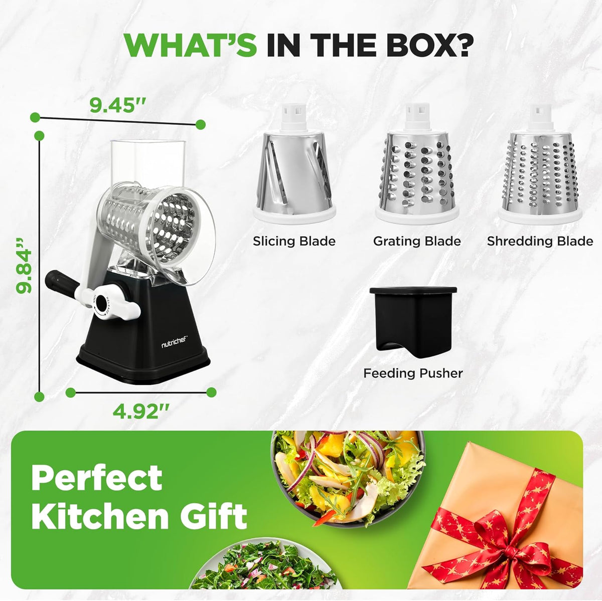 Nutrichef 3 in 1 Cheese Grater & Shredder | Strong Suction Base, Rotary Handle with Safety Lock | Includes Hand Crank & 3 Drum Blades for 3 Textures, Fine, Medium & Strips | Red