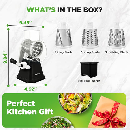 Nutrichef 3 in 1 Cheese Grater & Shredder | Strong Suction Base, Rotary Handle with Safety Lock | Includes Hand Crank & 3 Drum Blades for 3 Textures, Fine, Medium & Strips | Red
