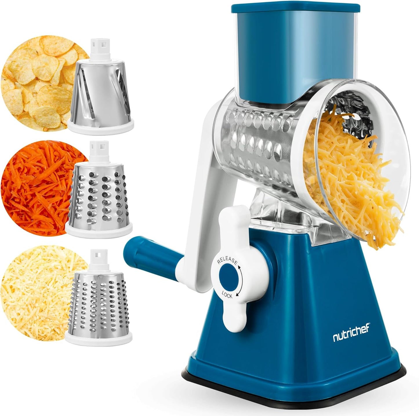 Nutrichef 3 in 1 Cheese Grater & Shredder | Strong Suction Base, Rotary Handle with Safety Lock | Includes Hand Crank & 3 Drum Blades for 3 Textures, Fine, Medium & Strips | Red