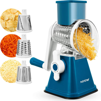Nutrichef 3 in 1 Cheese Grater & Shredder | Strong Suction Base, Rotary Handle with Safety Lock | Includes Hand Crank & 3 Drum Blades for 3 Textures, Fine, Medium & Strips | Red