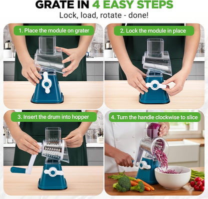 Nutrichef 3 in 1 Cheese Grater & Shredder | Strong Suction Base, Rotary Handle with Safety Lock | Includes Hand Crank & 3 Drum Blades for 3 Textures, Fine, Medium & Strips | Red