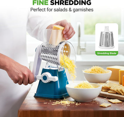 Nutrichef 3 in 1 Cheese Grater & Shredder | Strong Suction Base, Rotary Handle with Safety Lock | Includes Hand Crank & 3 Drum Blades for 3 Textures, Fine, Medium & Strips | Red